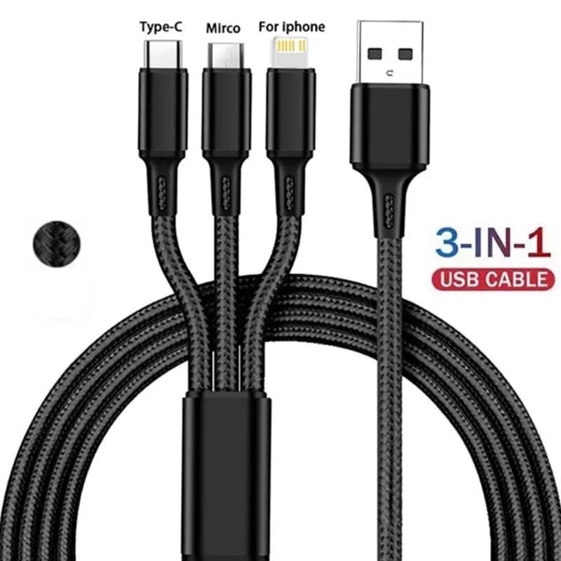 Cable Carga 3 en 1 USB Sync Datos Micro USB Tipo C iPhone Negro
