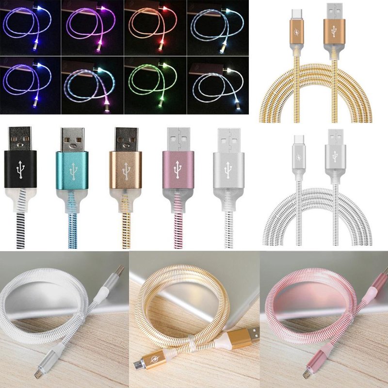 Cable Carga Rápida Micro USB Luz LED Intermitente Aleación Metal Sincronización Datos Celeste