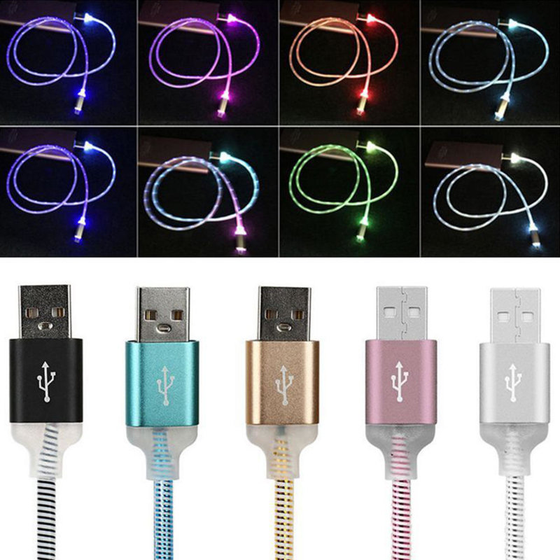 Cable Carga Rápida Micro USB Luz LED Intermitente Aleación Metal Sincronización Datos Celeste