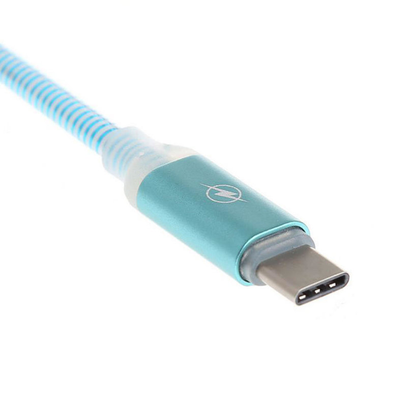 Cable Tipo USB-C Resplandor Luz Led Destello Aleación Metal Sincronización Datos Carga Rápida Celeste