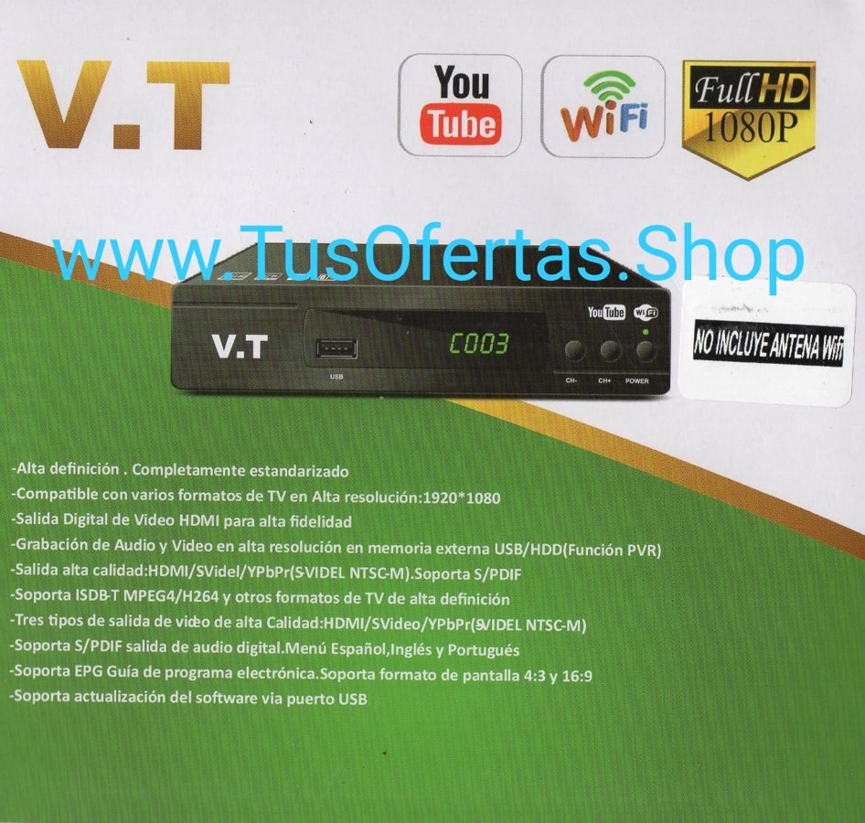 Decodificador TV Digital Caja Digital ISDB Modelo VT YouTube Wifi USB Full HD HDMI 1080P - Envíos a Todo Costa Rica