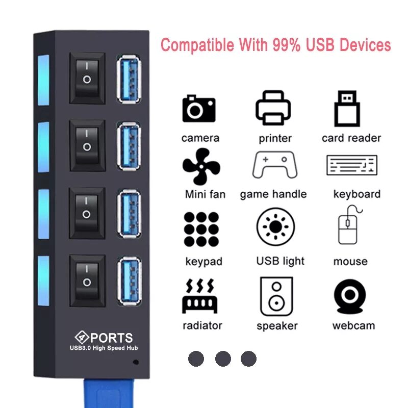 HUB múltiple USB 3.0 de 4 puertos Alta Velocidad 5Gbps con interruptor Expansión Divisor PC Expansor Adaptador Corriente ON OFF