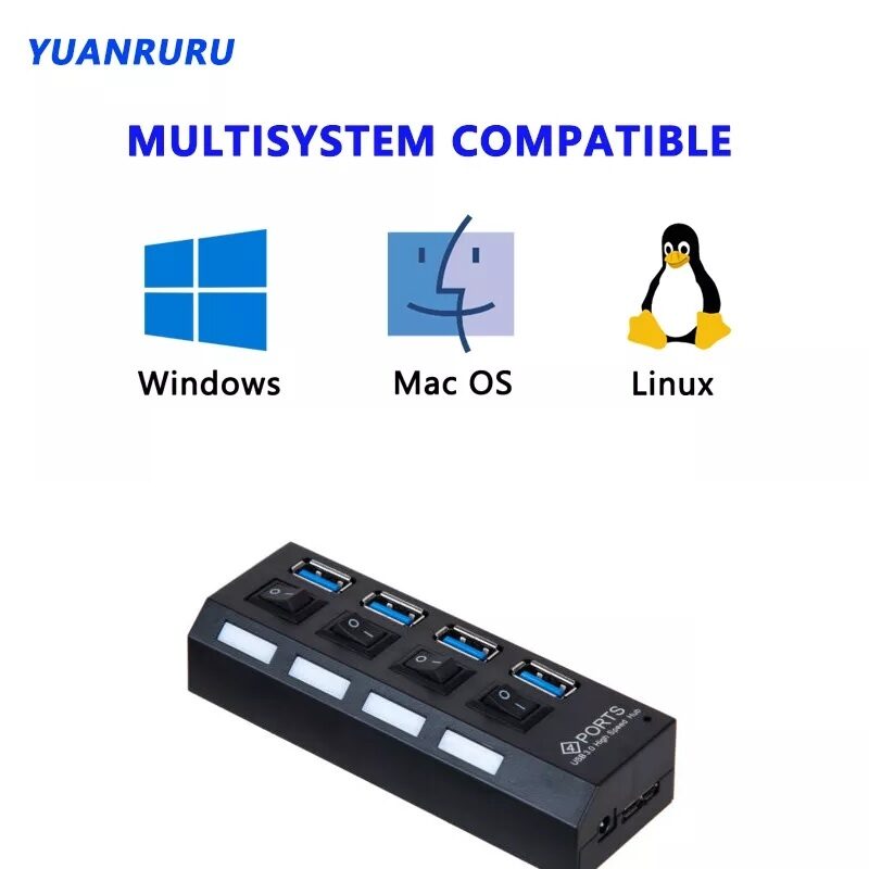 HUB múltiple USB 3.0 de 4 puertos Alta Velocidad 5Gbps con interruptor Expansión Divisor PC Expansor Adaptador Corriente ON OFF