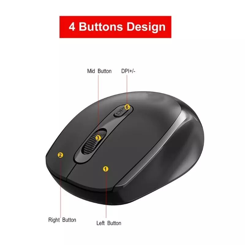 Mouse Inalámbrico Óptico USB 2.4 Ghz 1600DPI Ergonómico 4 botones Juegos Ajustable Receptor Oficina Casa PC Ordenador Portátil