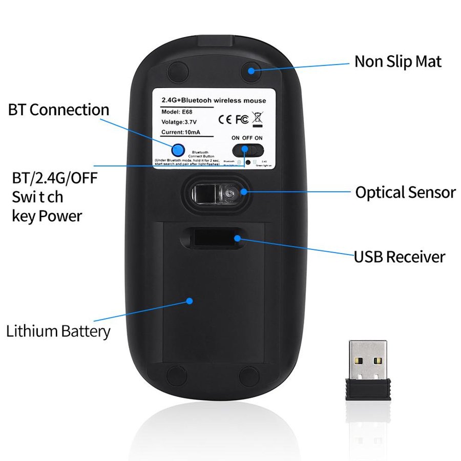 Mouse USB Bluetooth Slim Wireless Blanco Rechargeable Ergonómico Gaming 1600 DPI Óptico Sensor 10M