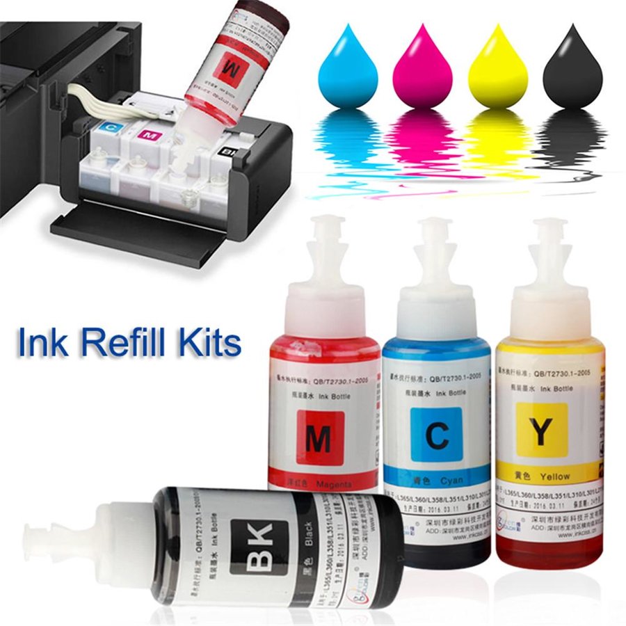 Kit Recarga EcoTank 4x Tintas 70ML Magenta + Negro + Amarillo + Cyan Cartucho Impresora Epson L355 L360 L301 Ink