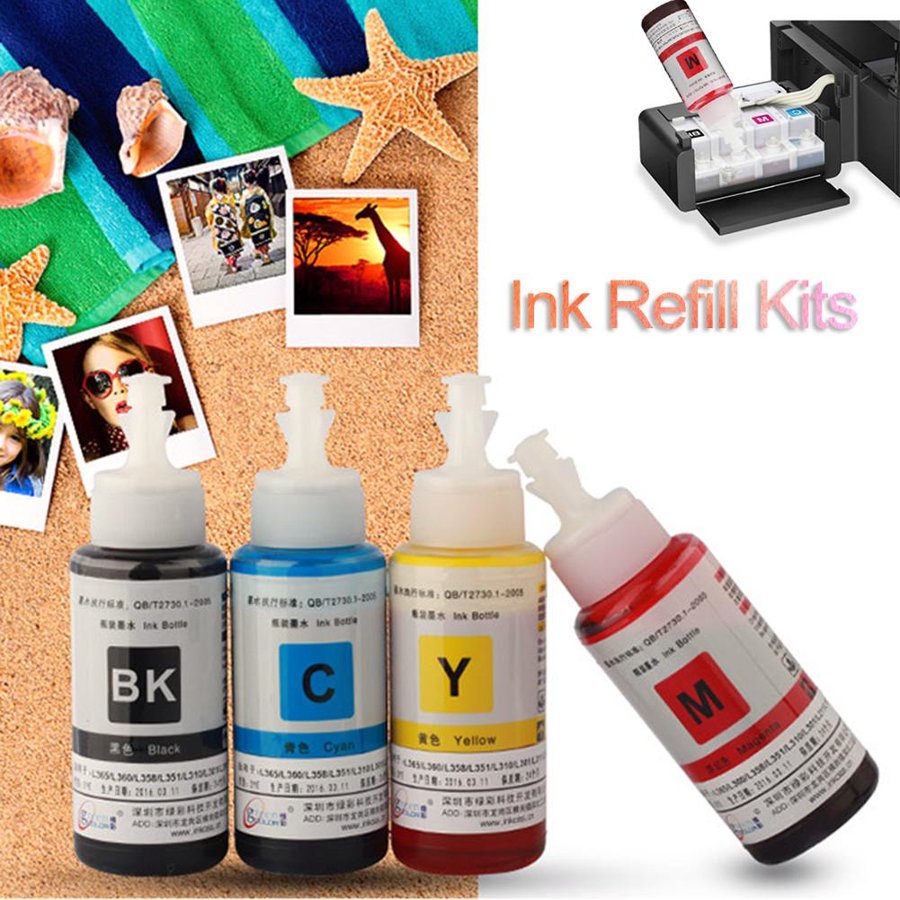 Kit Recarga EcoTank 4x Tintas 70ML Magenta + Negro + Amarillo + Cyan Cartucho Impresora Epson L355 L360 L301 Ink