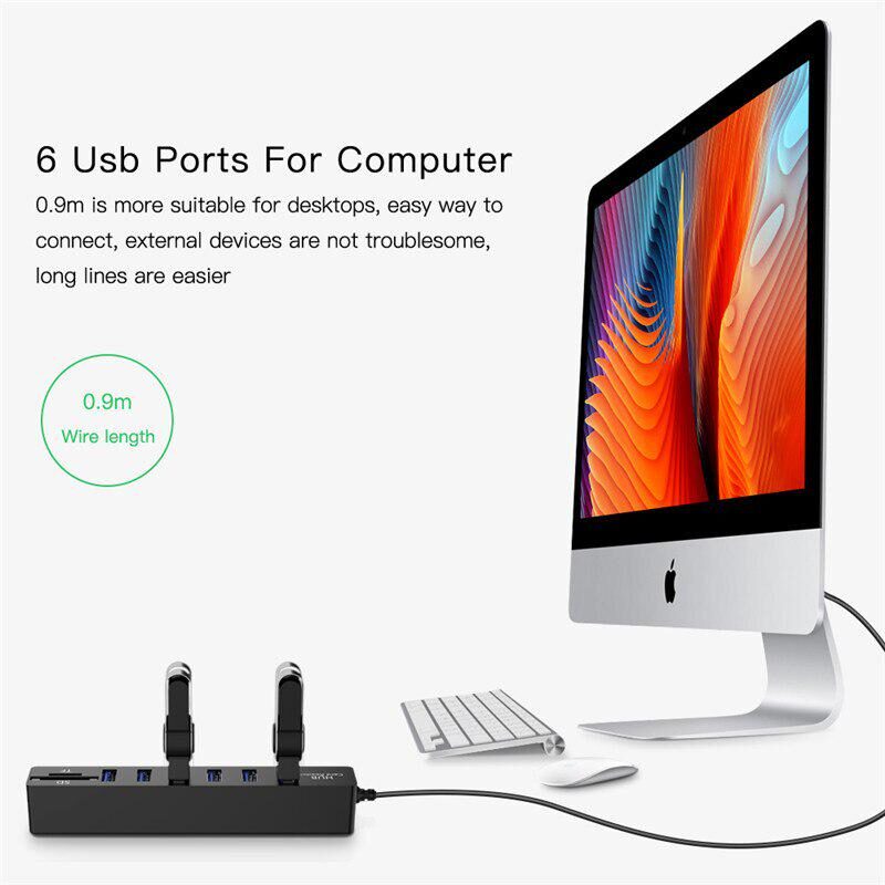 Hub 3 puertos USB 2.0 Splitter Adaptador Cable Micro SD / TF Lector Tarjetas Laptop PC Portátil Windows Mac OS Linux