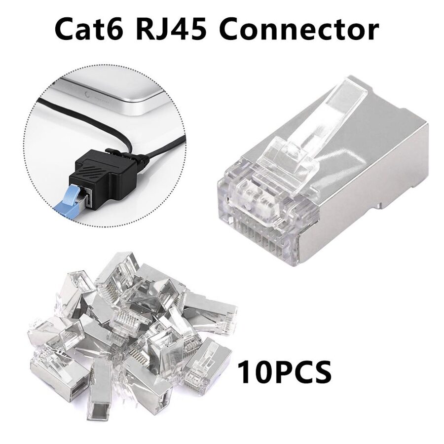 10x Conectores Cable Red Cat6 RJ45 Crimpado Plateado Alta Calidad Cabezal Ethernet Modular 