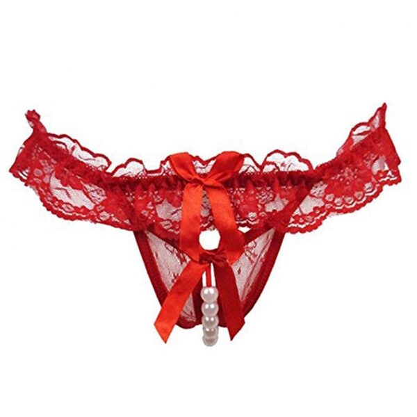 Tanga Hilo Rojo G-String Mujeres Sexy Bowknot Cuentas Encaje Bragas Bajas Ropa Interior