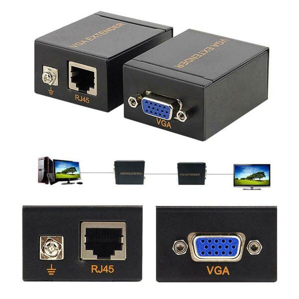 1 par Extensor VGA de 60m divisor Lan RJ45 cat5e 6 Ethernet Adaptador Amplificador Monitor Proyector HDTV PC